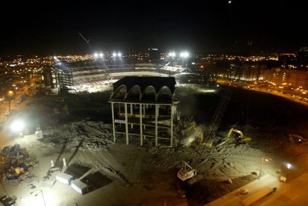 Nighttime view of the last arches of Busch Stadium